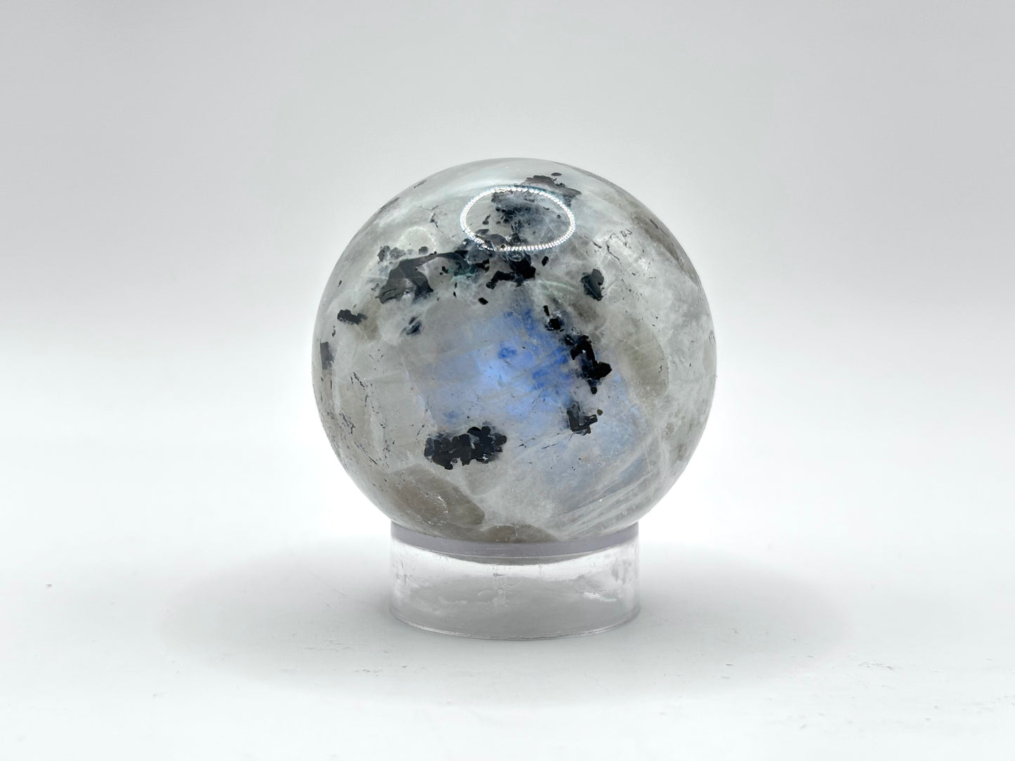 Rainbow Moonstone Sphere with Black Tourmaline Inclusions, Natural Healing Crystal Ball for Meditation, Energy Cleansing & Home Decor
