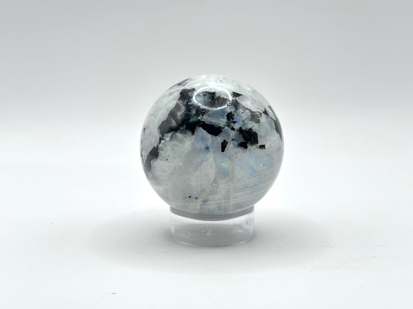 Rainbow Moonstone Sphere with Black Tourmaline Inclusions, Natural Healing Crystal Ball for Meditation, Energy Cleansing & Home Decor