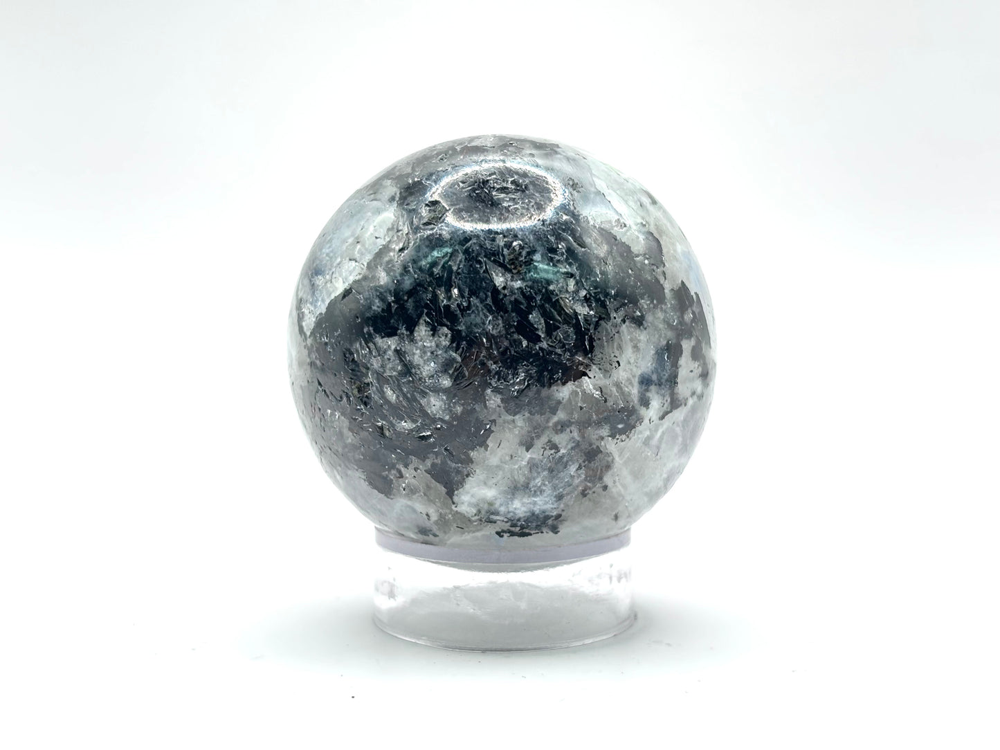 Rainbow Moonstone Sphere with Black Tourmaline Inclusions, Natural Healing Crystal Ball for Meditation, Energy Cleansing & Home Decor