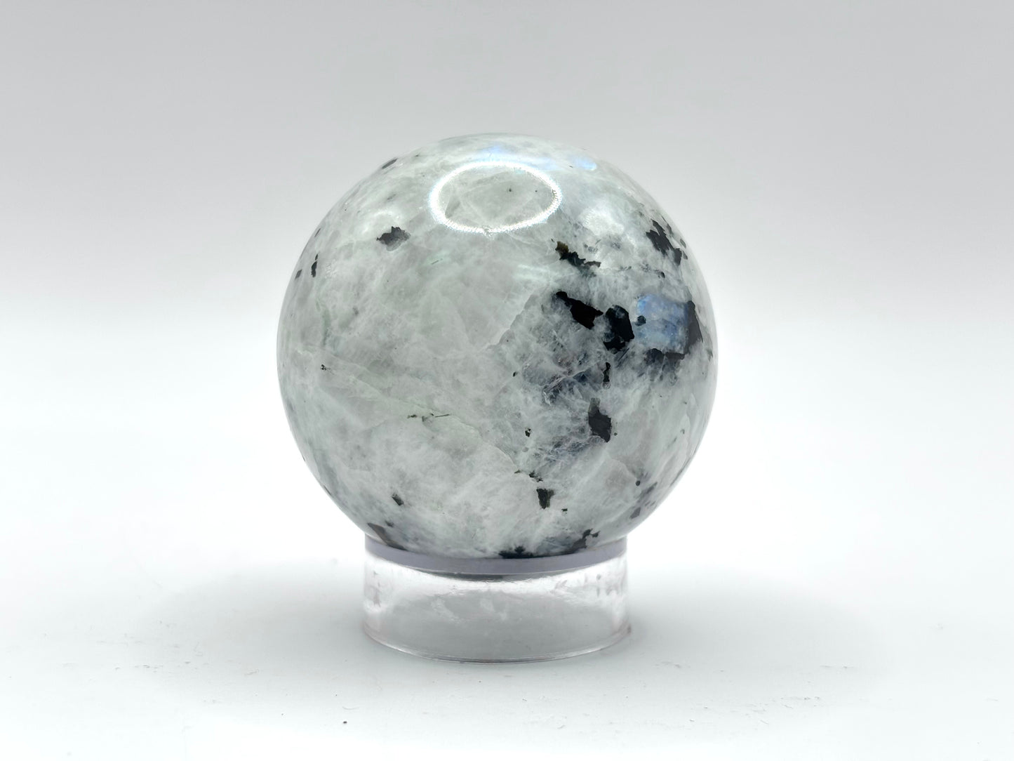 Rainbow Moonstone Sphere with Black Tourmaline Inclusions, Natural Healing Crystal Ball for Meditation, Energy Cleansing & Home Decor