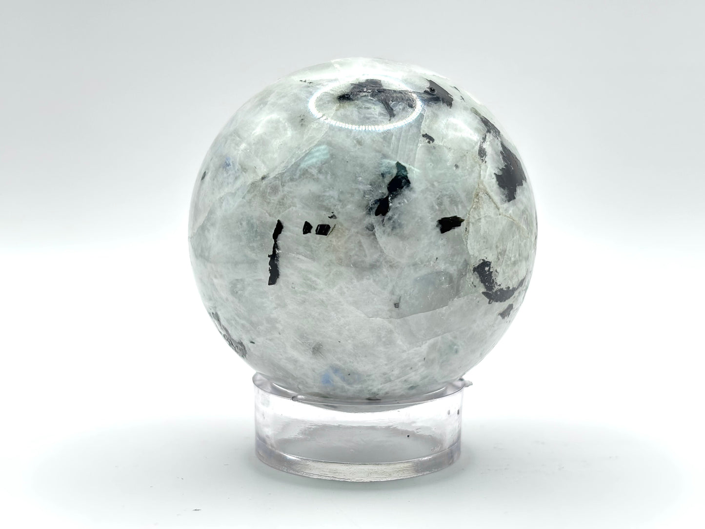Rainbow Moonstone Sphere with Black Tourmaline Inclusions, Natural Healing Crystal Ball for Meditation, Energy Cleansing, & Home Decor