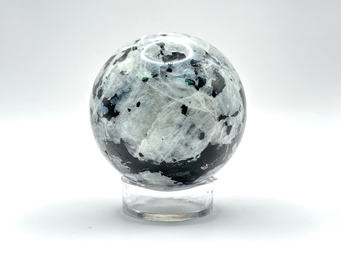 Rainbow Moonstone Sphere with Black Tourmaline Inclusions, Natural Healing Crystal Ball for Meditation, Energy Cleansing, & Home Decor