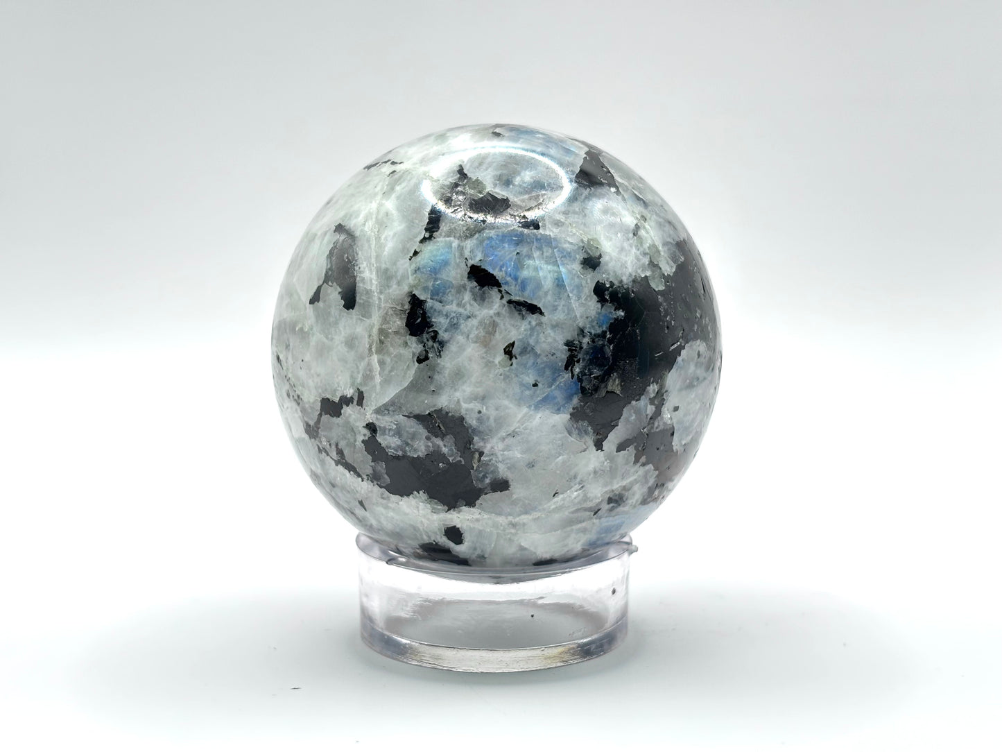 Rainbow Moonstone Sphere with Black Tourmaline Inclusions, Natural Healing Crystal Ball for Meditation, Energy Cleansing, & Home Decor