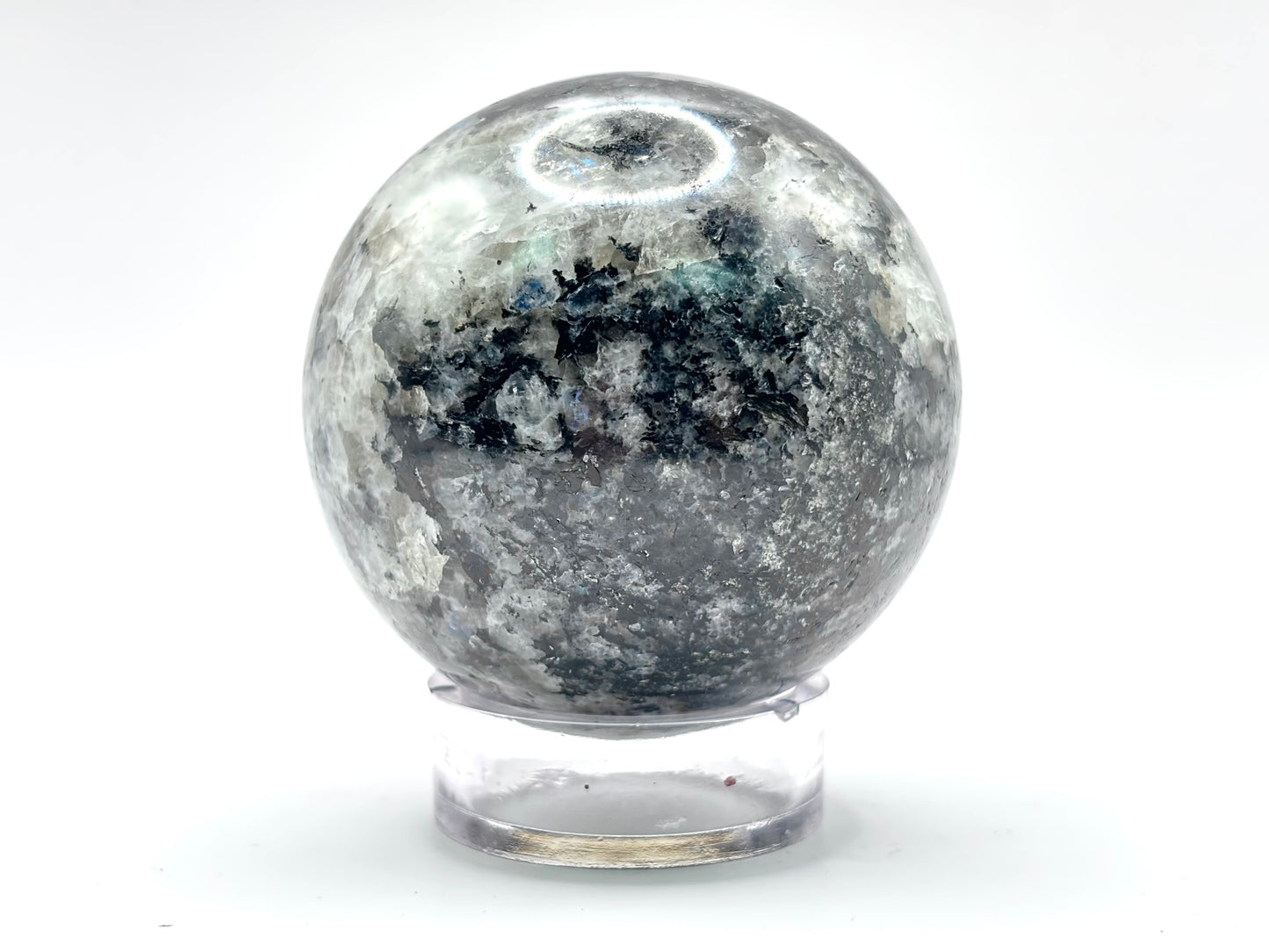 Rainbow Moonstone Sphere with Black Tourmaline Inclusions, Natural Healing Crystal Ball for Meditation, Energy Cleansing, & Home Decor