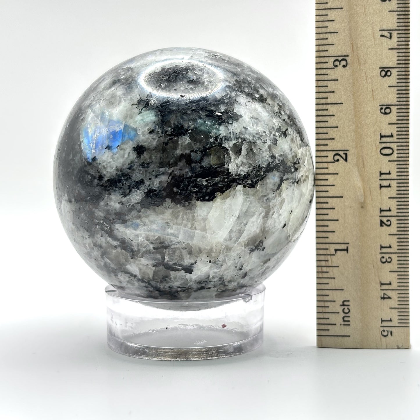 Rainbow Moonstone Crystal Sphere with Black Tourmaline Inclusions Natural Healing & Energy Cleansing Decor - RBL338-D