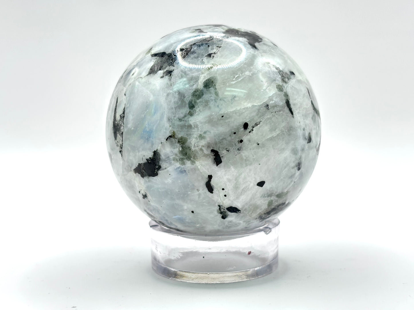 Rainbow Moonstone Sphere with Black Tourmaline Inclusions, Natural Healing Crystal Ball for Meditation, Energy Cleansing, & Home Decor