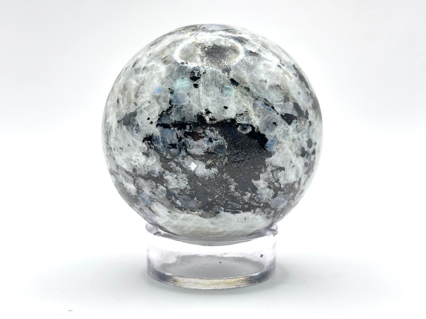 Rainbow Moonstone Sphere with Black Tourmaline Inclusions, Natural Healing Crystal Ball for Meditation, Energy Cleansing, & Home Decor