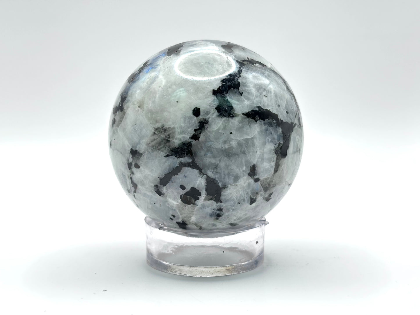 Rainbow Moonstone Sphere with Black Tourmaline Inclusions, Natural Healing Crystal Ball for Meditation, Energy Cleansing, & Home Decor