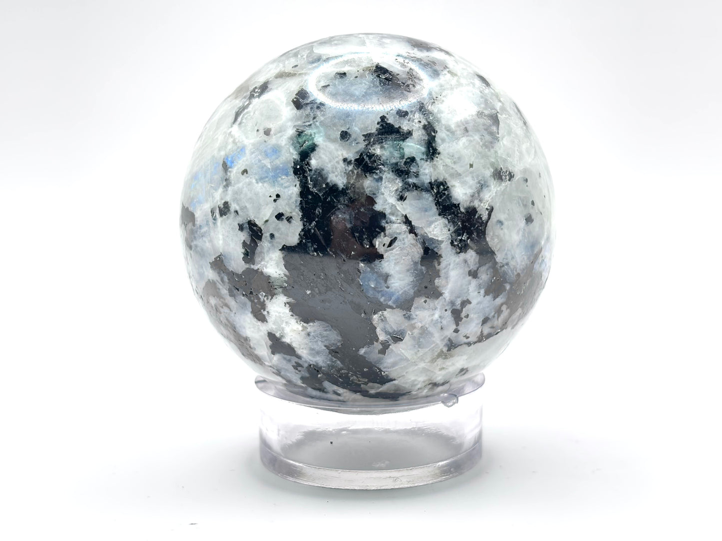 Rainbow Moonstone Sphere with Black Tourmaline Inclusions, Natural Healing Crystal Ball for Meditation, Energy Cleansing, & Home Decor