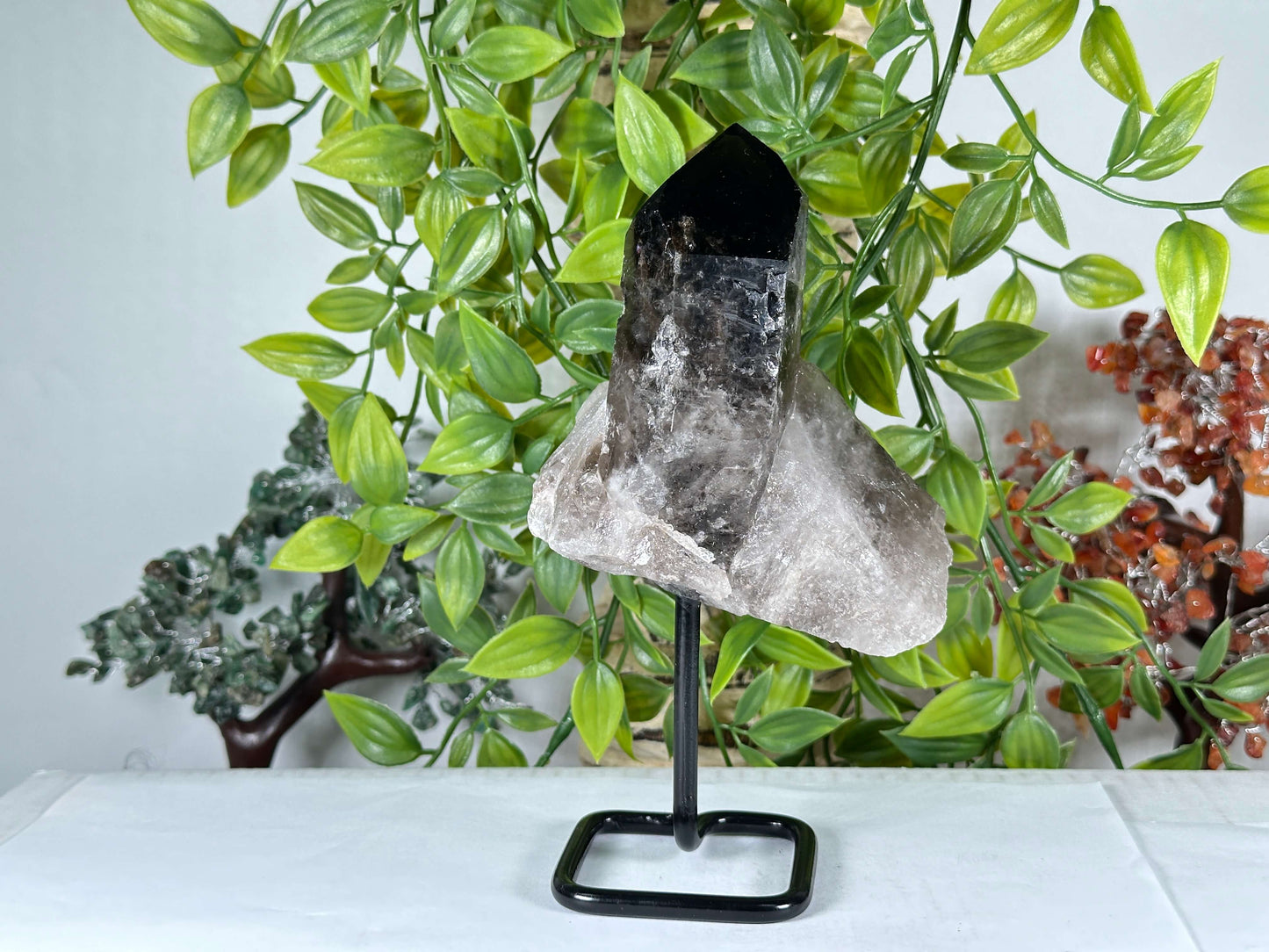 Smoky Quartz Crystal Point on Stand Large Natural Healing Stone Display - RCR473