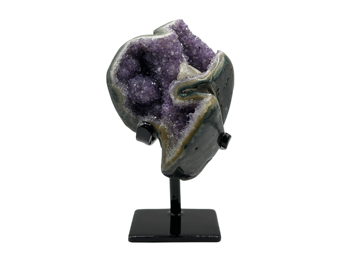 Natural Amethyst and Calcite Crystal Geode on Stand for Decorative Display, Meditation & Healing - RGD822