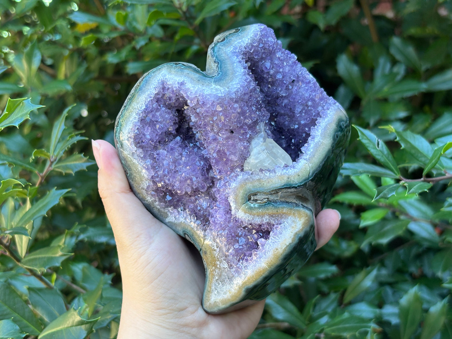 Natural Amethyst and Calcite Crystal Geode on Stand for Decorative Display, Meditation & Healing - RGD822