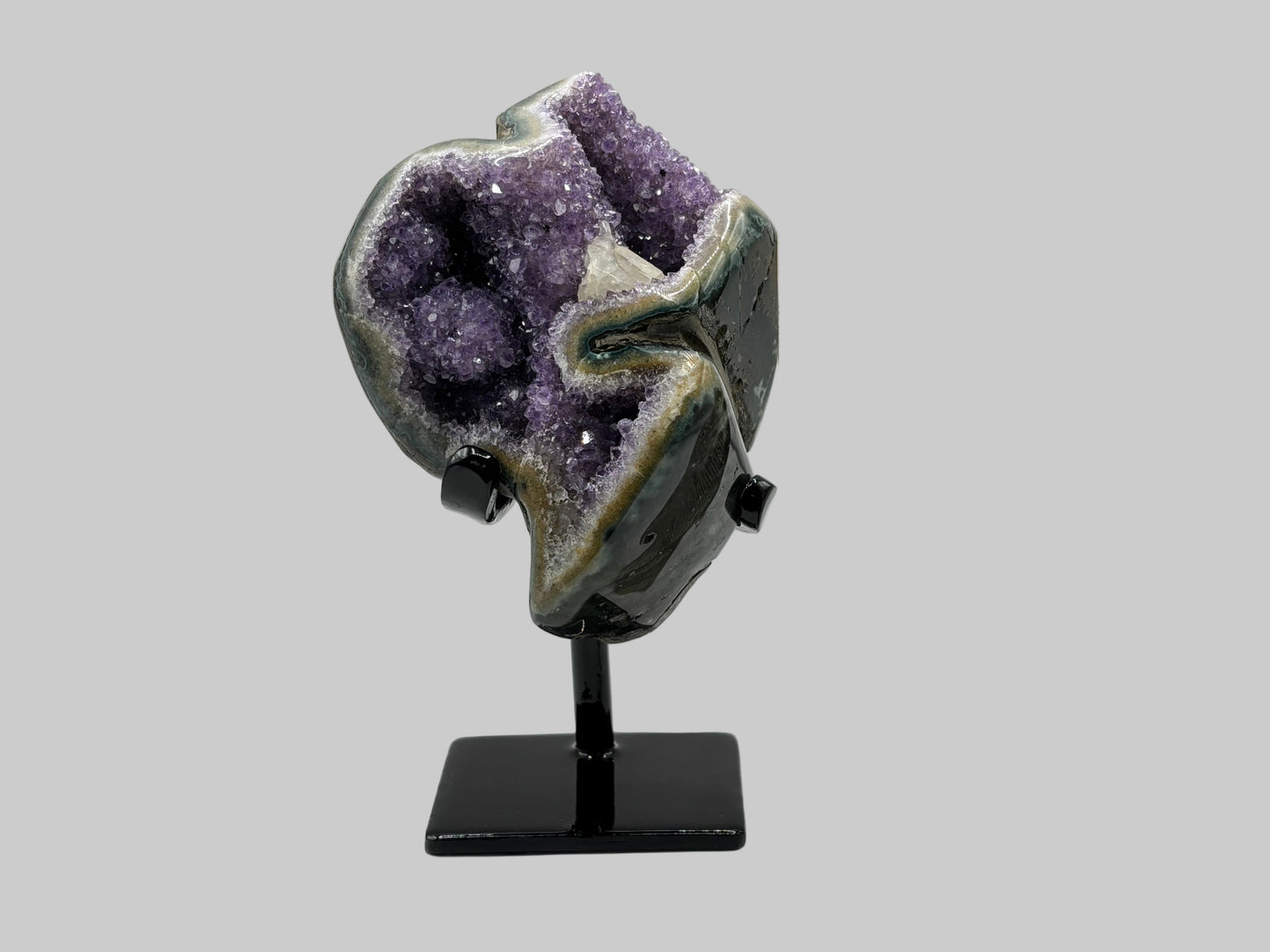 Natural Amethyst and Calcite Crystal Geode on Stand for Decorative Display, Meditation & Healing - RGD822
