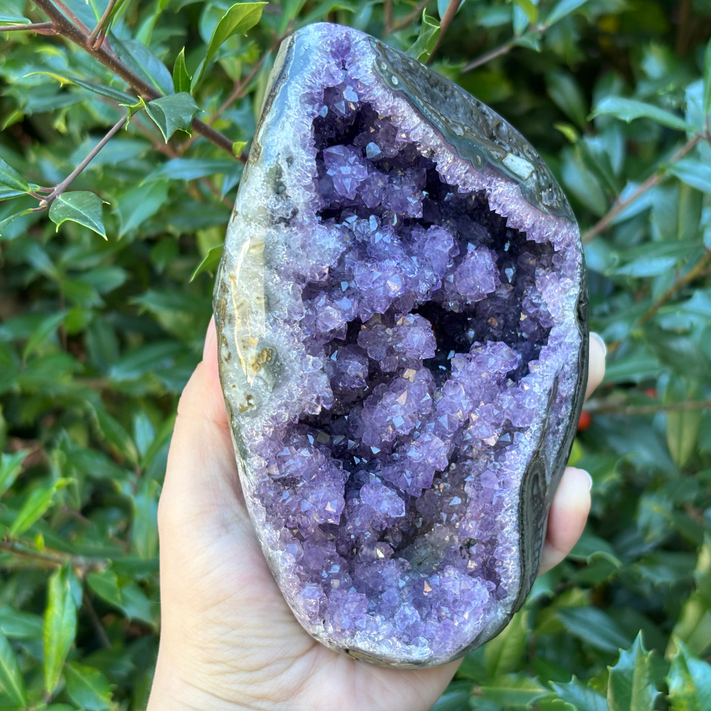 Natural Dark Purple Amethyst Crystal Geode on Stand for Meditation, Relaxation, Home Decor & Crystal Collection - RGD825