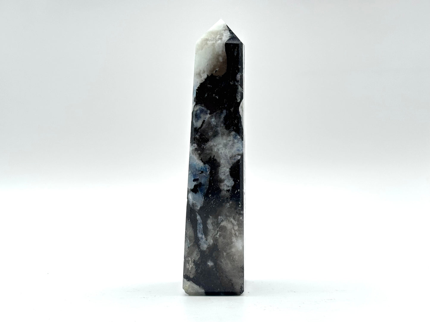 Rainbow Moonstone Crystal Tower Point with Black Tourmaline Inclusions, Healing Crystal Wand for Energy, Meditation & Home Decor