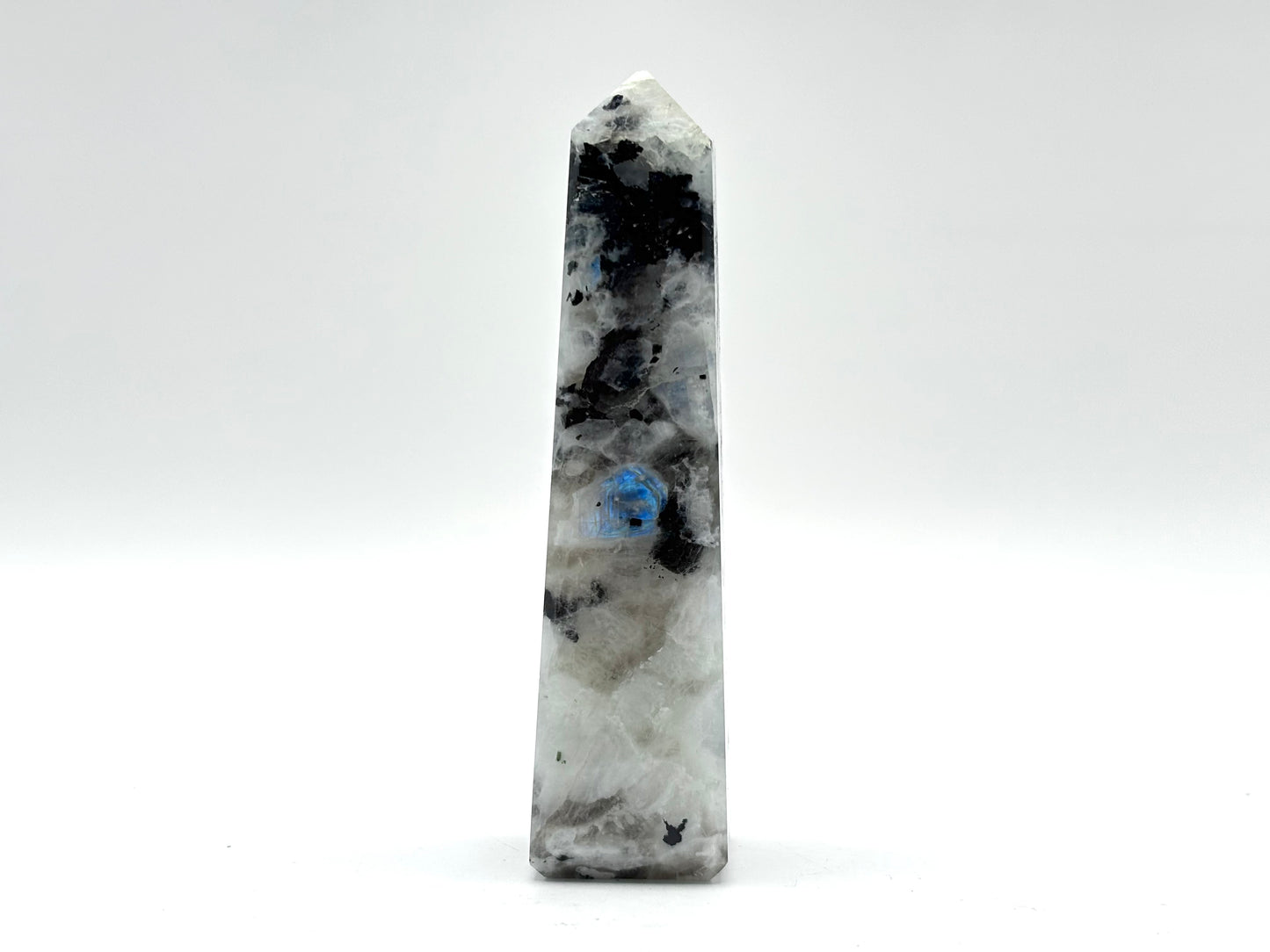 Rainbow Moonstone Crystal Tower Point with Black Tourmaline Inclusions, Healing Crystal Wand for Energy, Meditation & Home Decor