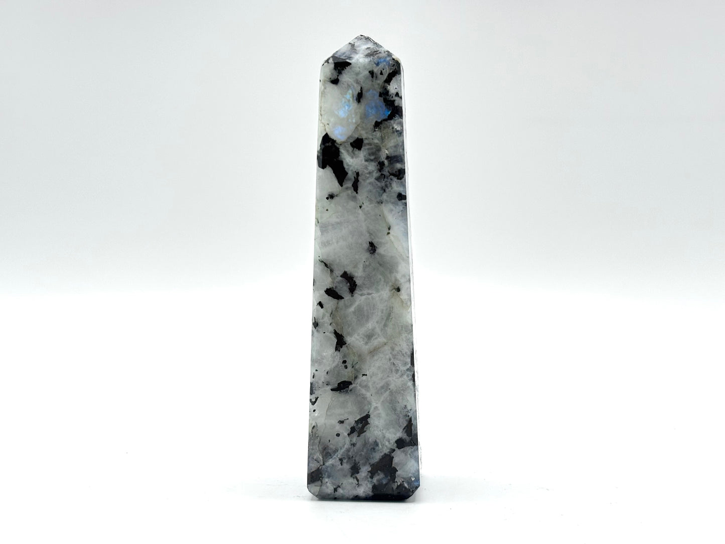 Rainbow Moonstone Crystal Tower Point with Black Tourmaline Inclusions, Healing Crystal Wand for Energy, Meditation & Home Decor