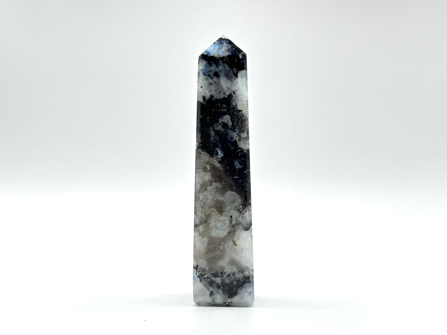 Rainbow Moonstone Crystal Tower Point with Black Tourmaline Inclusions, Healing Crystal Wand for Energy, Meditation & Home Decor