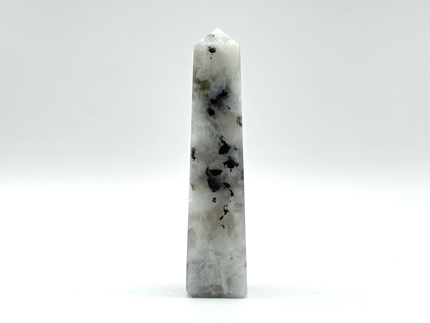 Rainbow Moonstone Crystal Tower Point with Black Tourmaline Inclusions, Healing Crystal Wand for Energy, Meditation & Home Decor