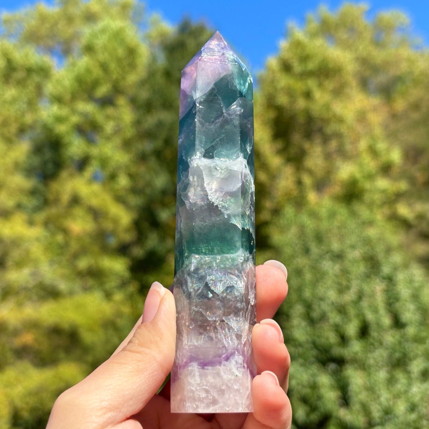Natural Rainbow Fluorite Crystal Obelisk Tower Point for Energy Healing, Focus, Meditation & Elegant Home or Office Decor - RPO519