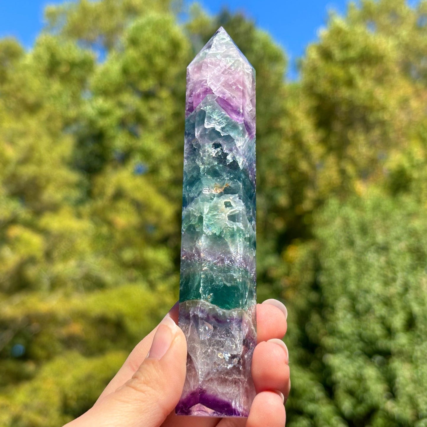 Natural Rainbow Fluorite Crystal Obelisk Tower Point for Energy Healing, Focus, Meditation & Elegant Home or Office Decor - RPO519