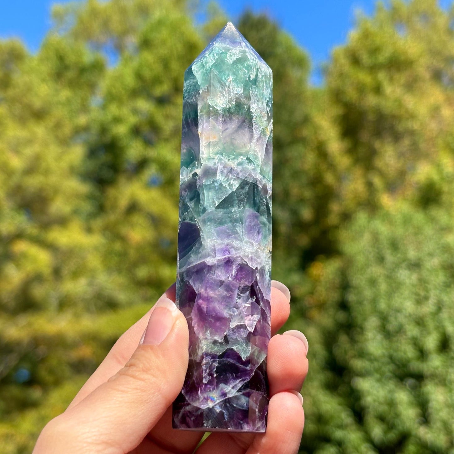 Natural Rainbow Fluorite Crystal Obelisk Tower Point for Energy Healing, Focus, Meditation & Elegant Home or Office Decor - RPO519