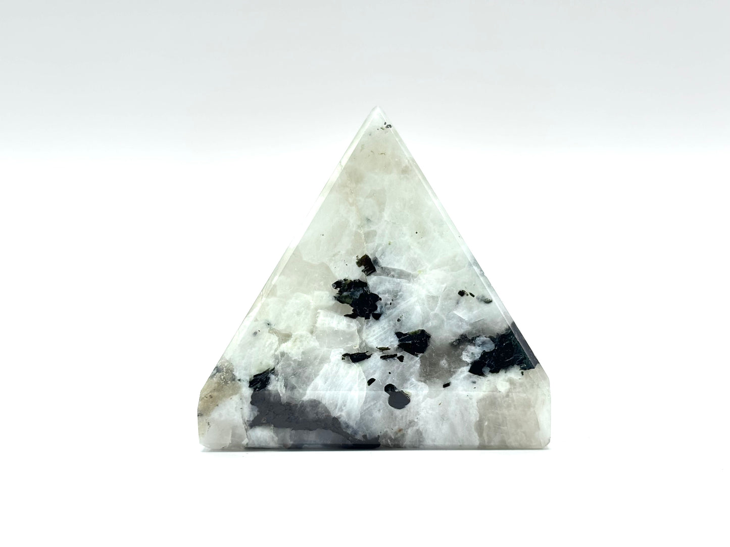 Premium Rainbow Moonstone Pyramid with Black Tourmaline Inclusions Crystal Display