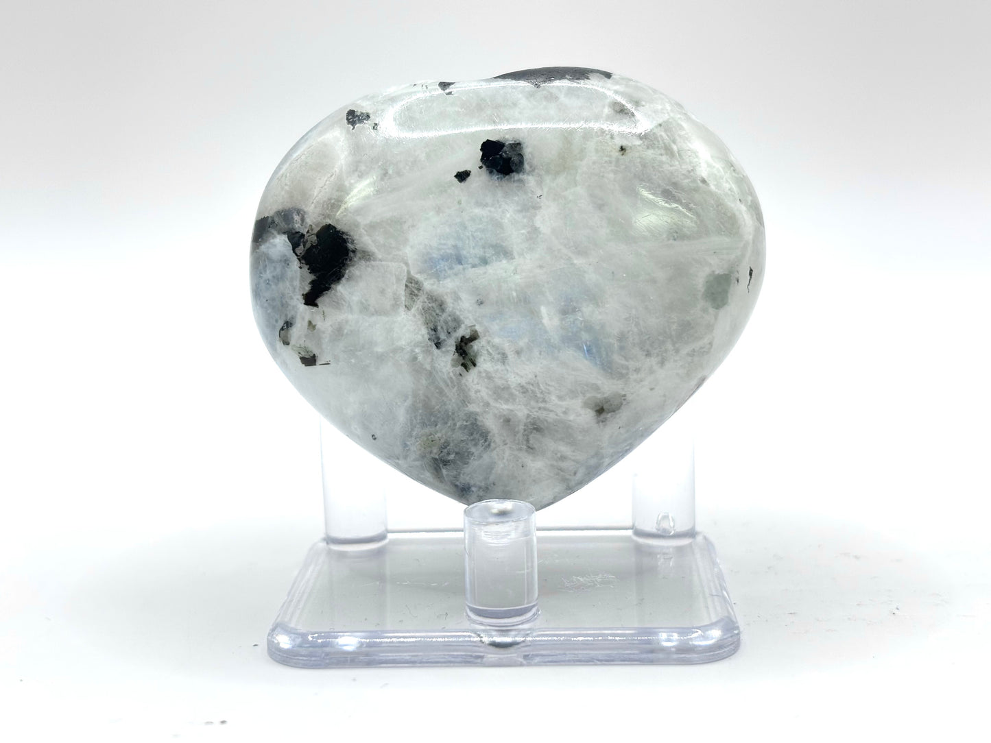 Rainbow Moonstone Heart with Black Tourmaline Inclusions Natural Crystal Healing Stone for Intuition & Home Decor