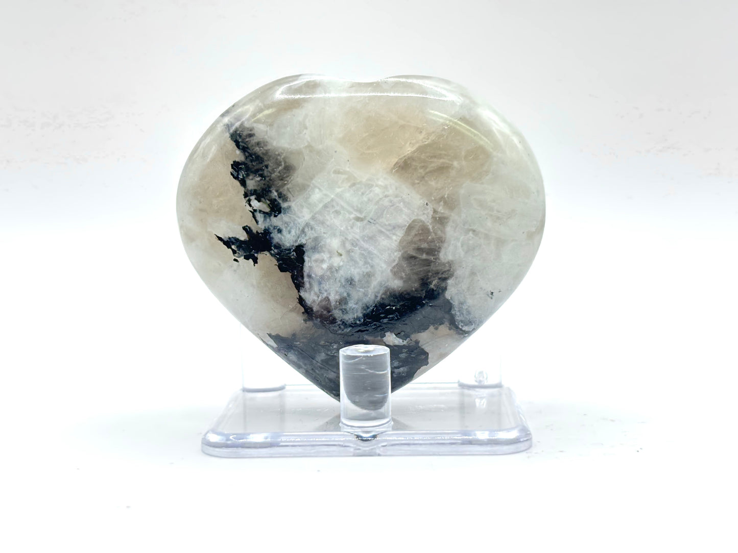 Rainbow Moonstone Heart with Black Tourmaline Inclusions Natural Crystal Healing Stone for Intuition & Home Decor