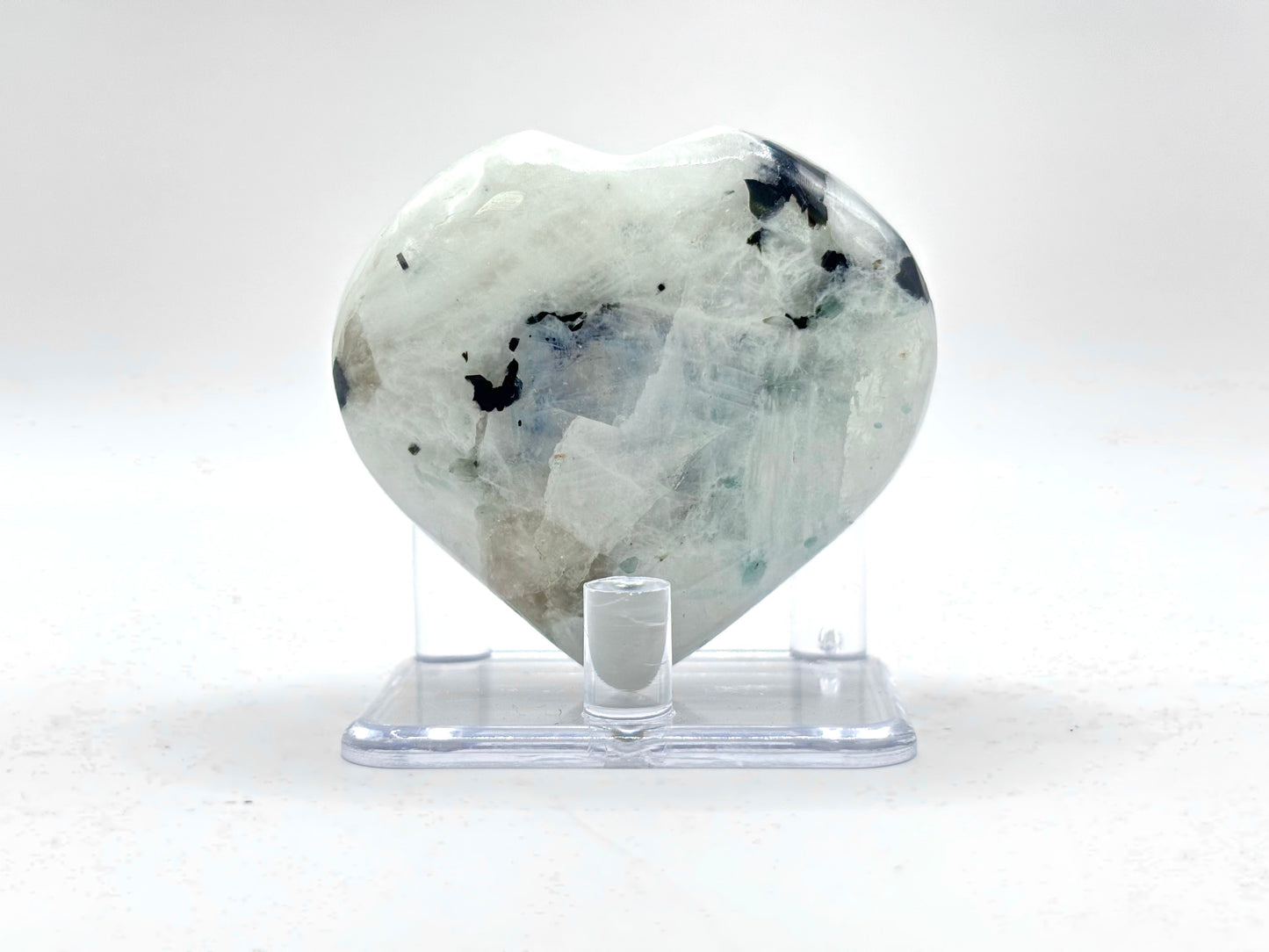Rainbow Moonstone Heart with Black Tourmaline Inclusions Natural Crystal Healing Stone for Intuition & Home Decor