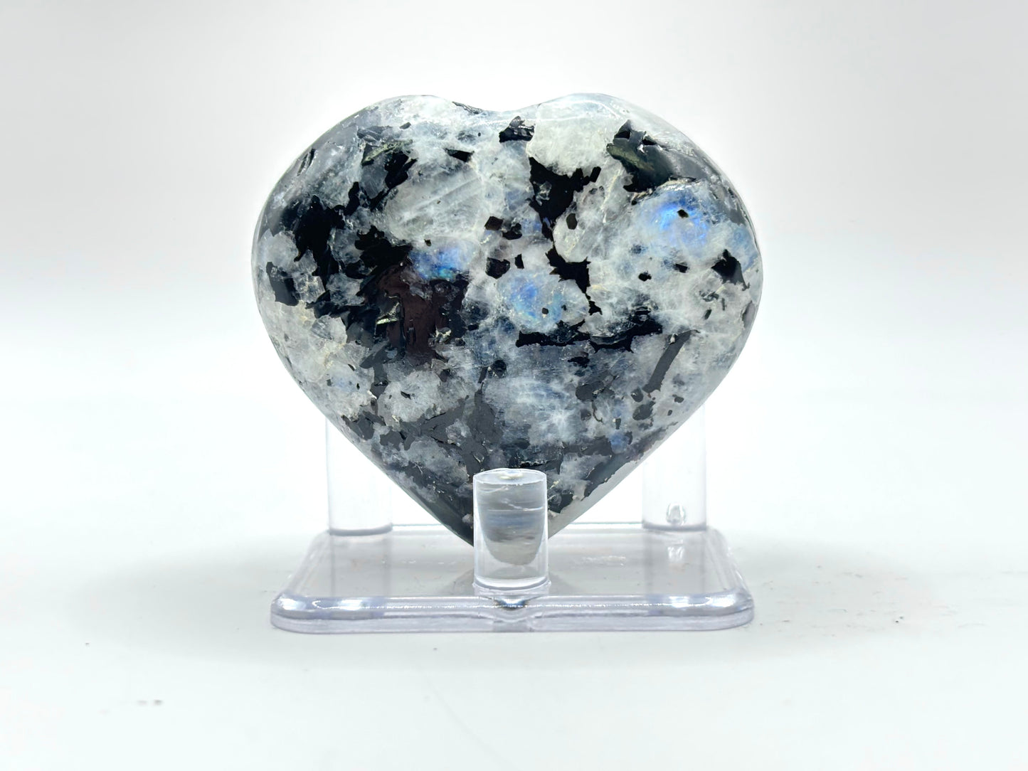 Rainbow Moonstone Heart with Black Tourmaline Inclusions Natural Crystal Healing Stone for Intuition & Home Decor
