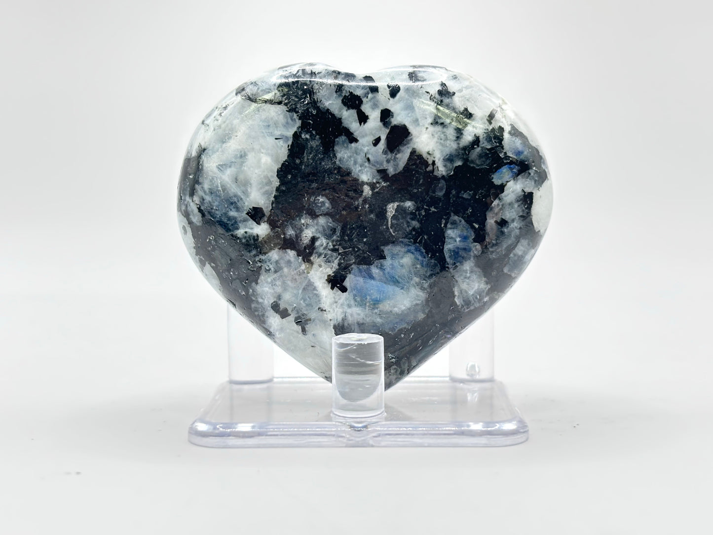 Rainbow Moonstone Heart with Black Tourmaline Inclusions Natural Crystal Healing Stone for Intuition & Home Decor