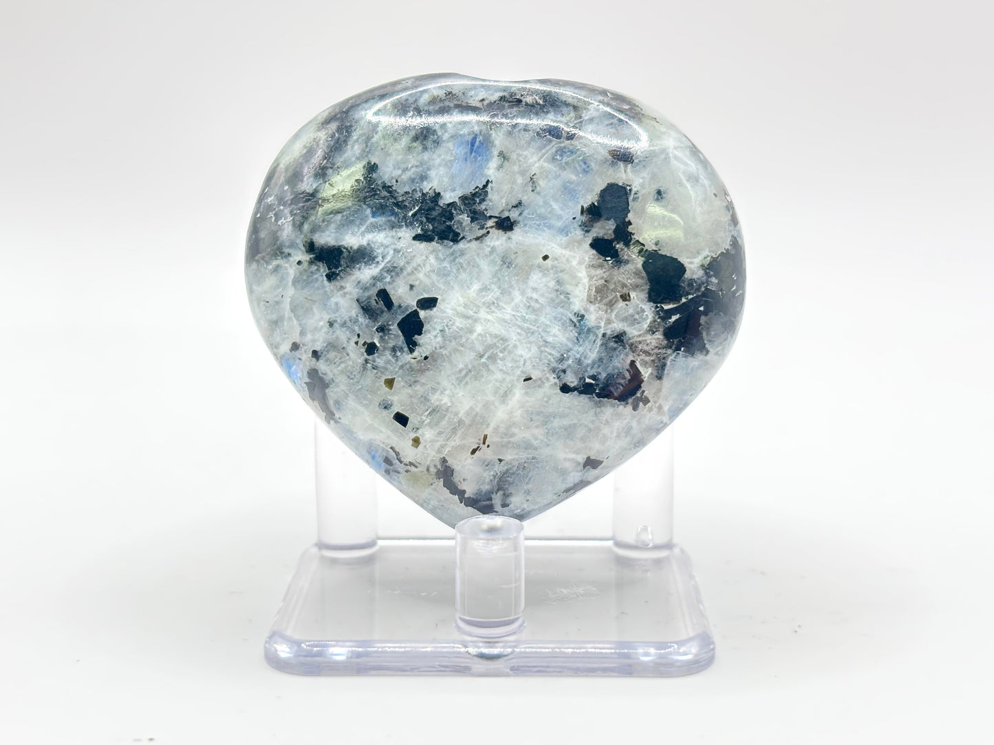 Rainbow Moonstone Heart with Black Tourmaline Inclusions Natural Crystal Healing Stone for Intuition & Home Decor