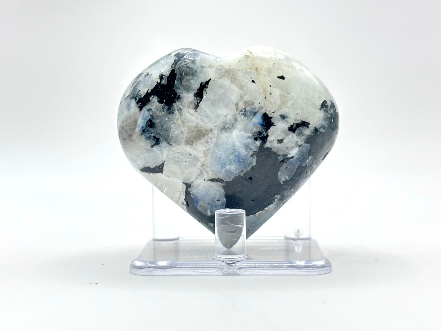 Rainbow Moonstone Heart with Black Tourmaline Inclusions Natural Crystal Healing Stone for Intuition & Home Decor