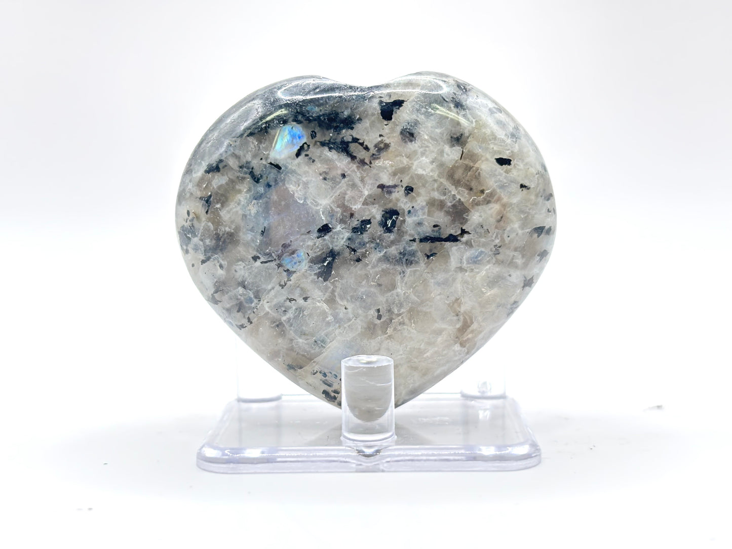 Rainbow Moonstone Heart with Black Tourmaline Inclusions Natural Crystal Healing Stone for Intuition & Home Decor