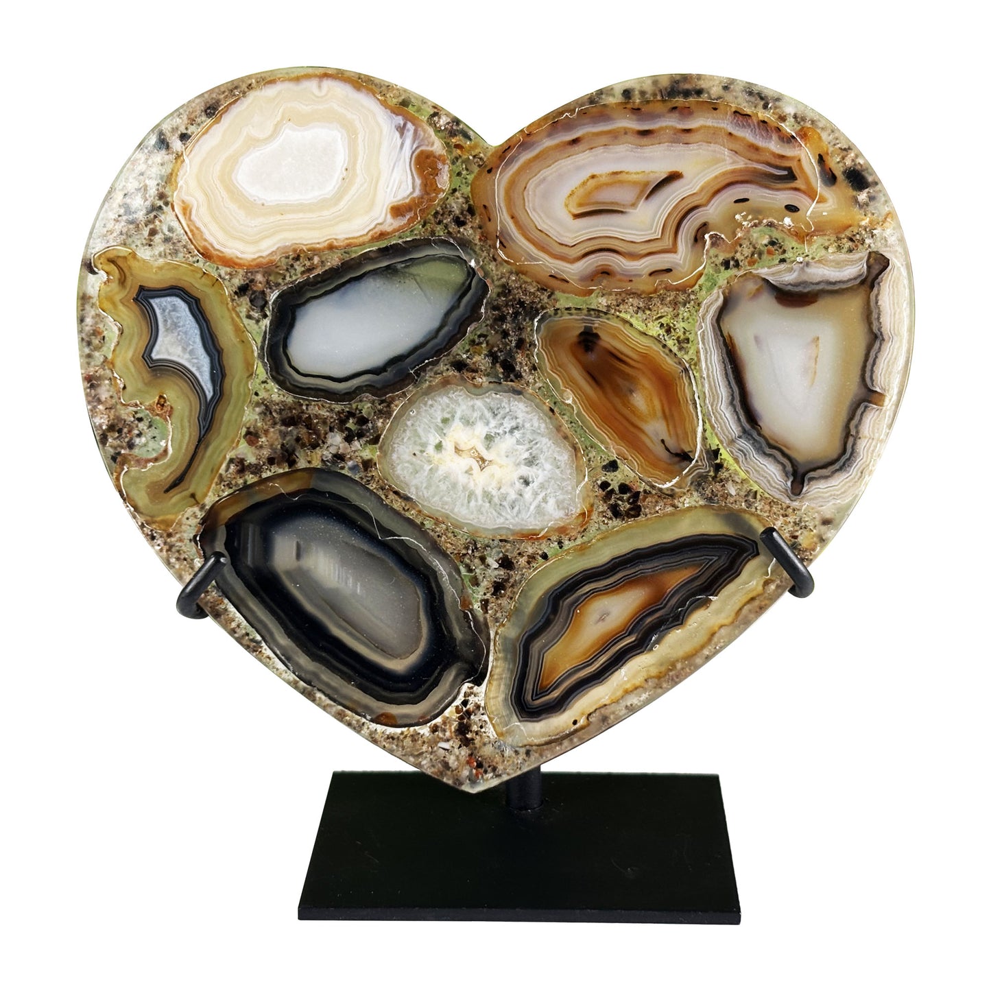Agate Mosaic Heart Crystal Display Natural Polished Gemstone, Decorative