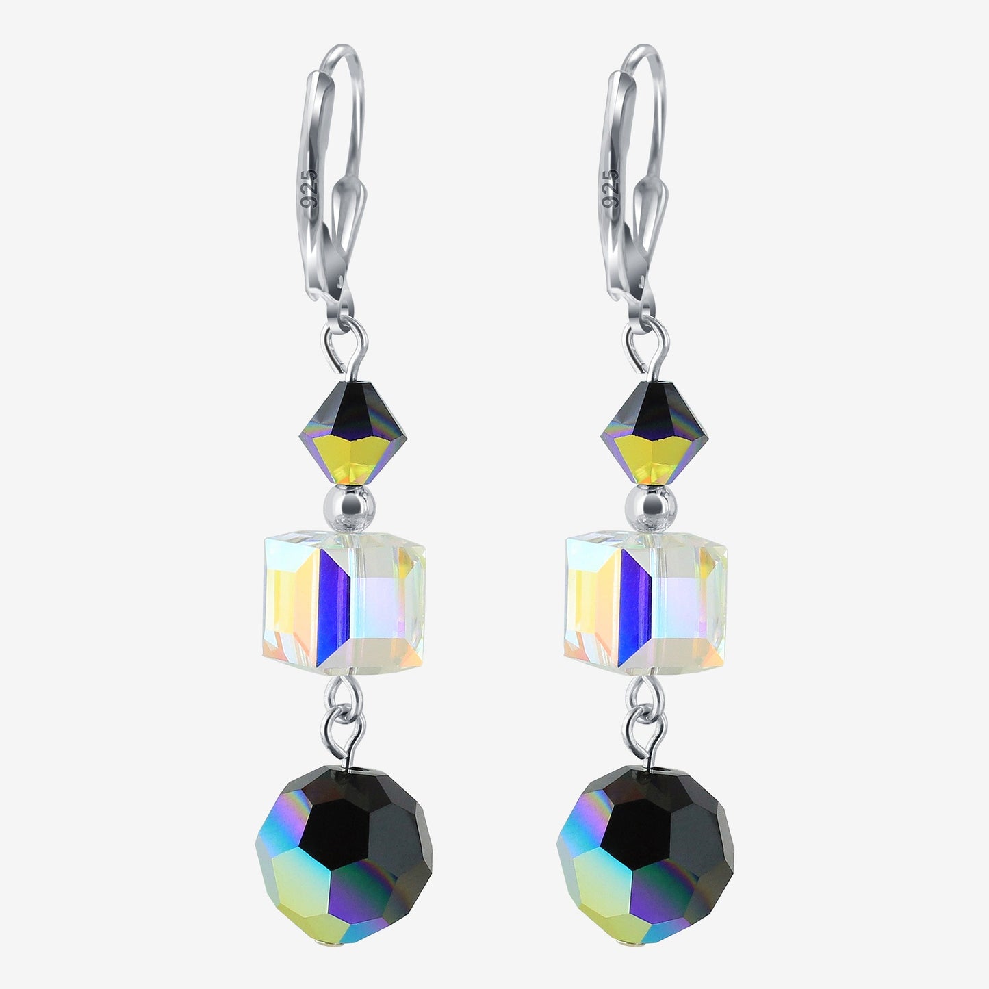 Clear and Black Austrian Crystals 925 Sterling Silver Dangle Earrings
