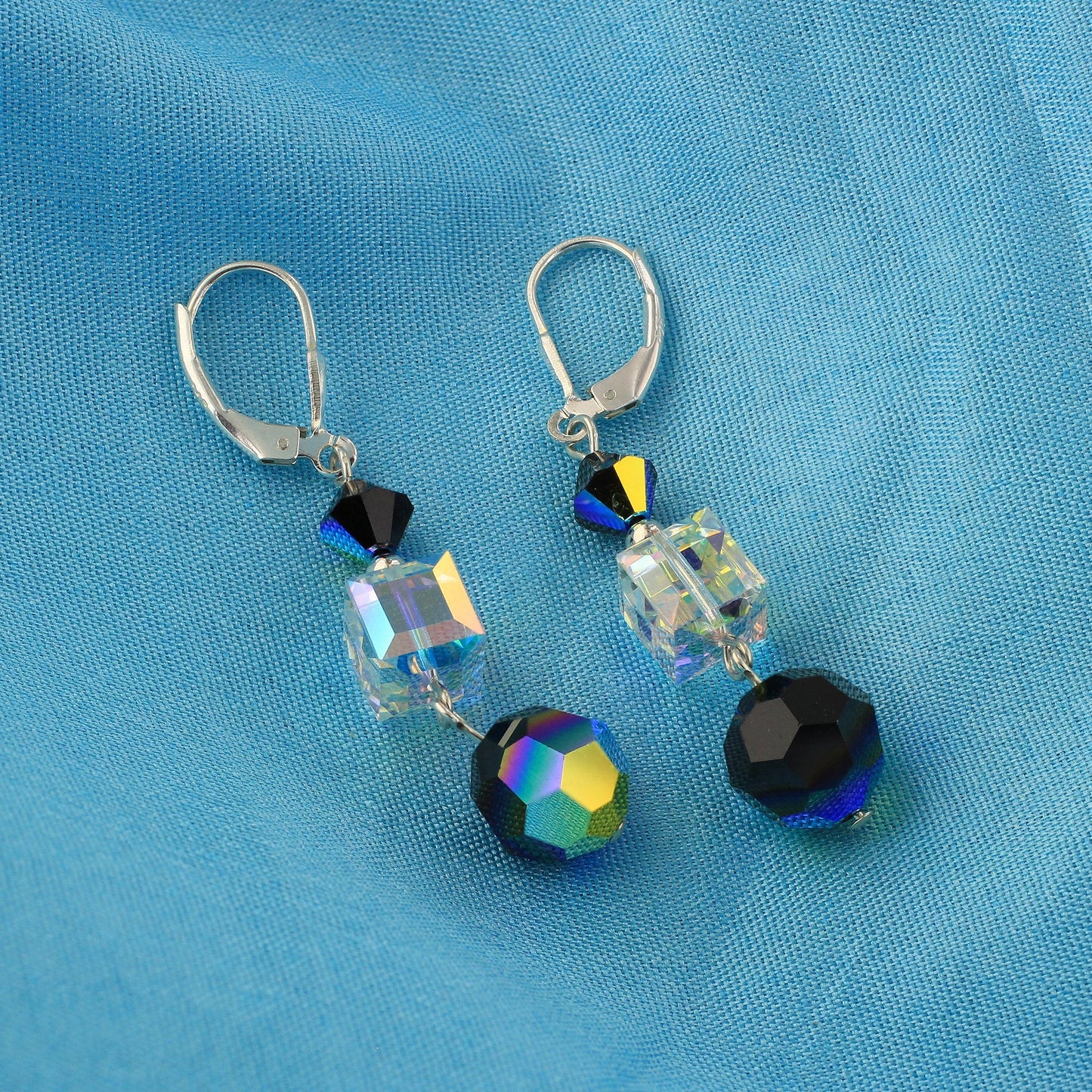 Clear and Black Austrian Crystals 925 Sterling Silver Dangle Earrings