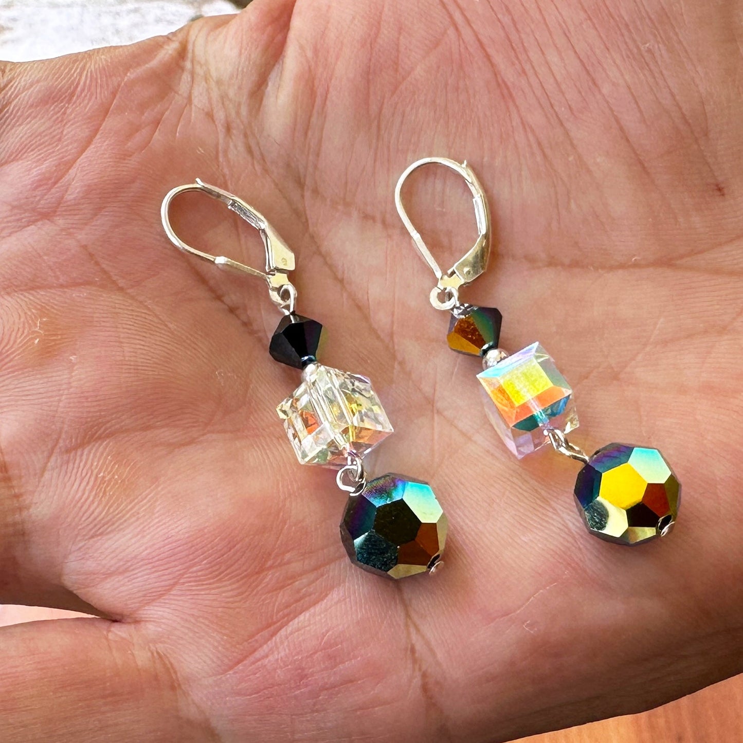 Clear and Black Austrian Crystals 925 Sterling Silver Dangle Earrings