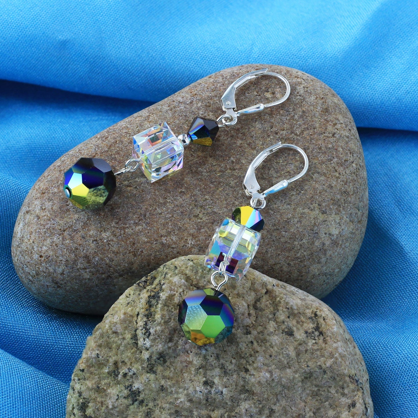 Clear and Black Austrian Crystals 925 Sterling Silver Dangle Earrings