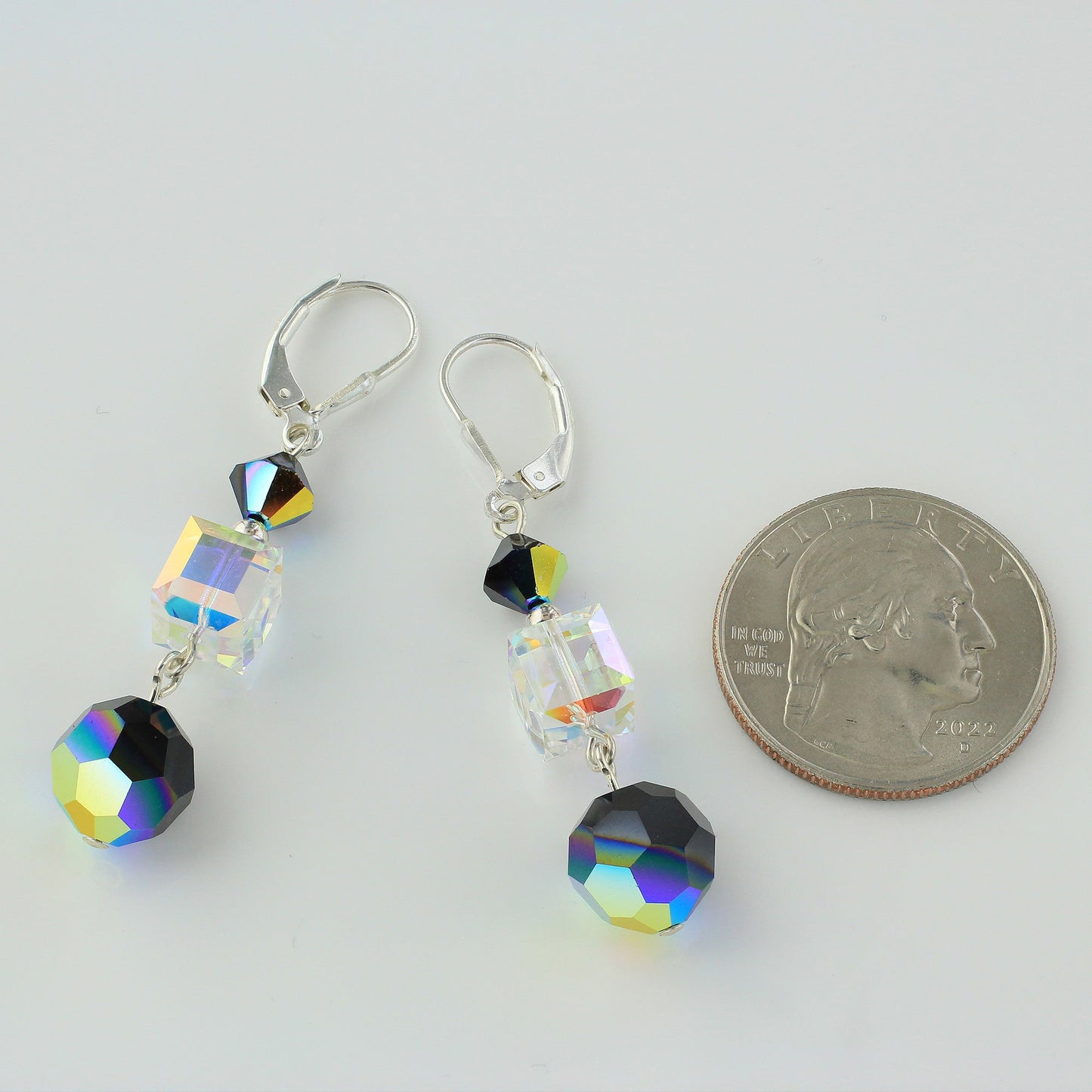 Clear and Black Austrian Crystals 925 Sterling Silver Dangle Earrings