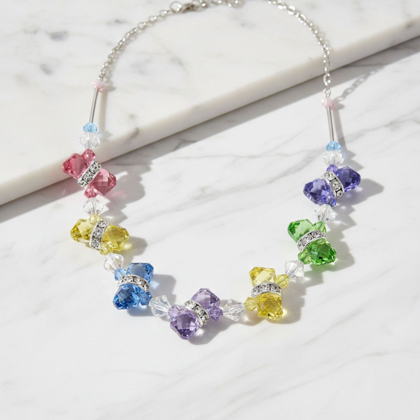925 Sterling Silver Multicolor Austrian Crystals Necklace