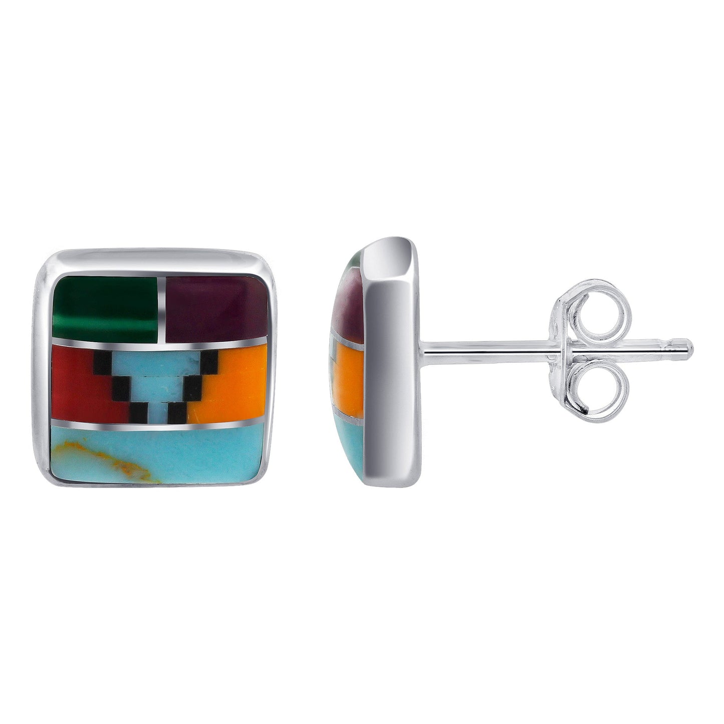 8mm Square Multicolor Southwestern Style Stud Earrings in .925 Sterling Silver