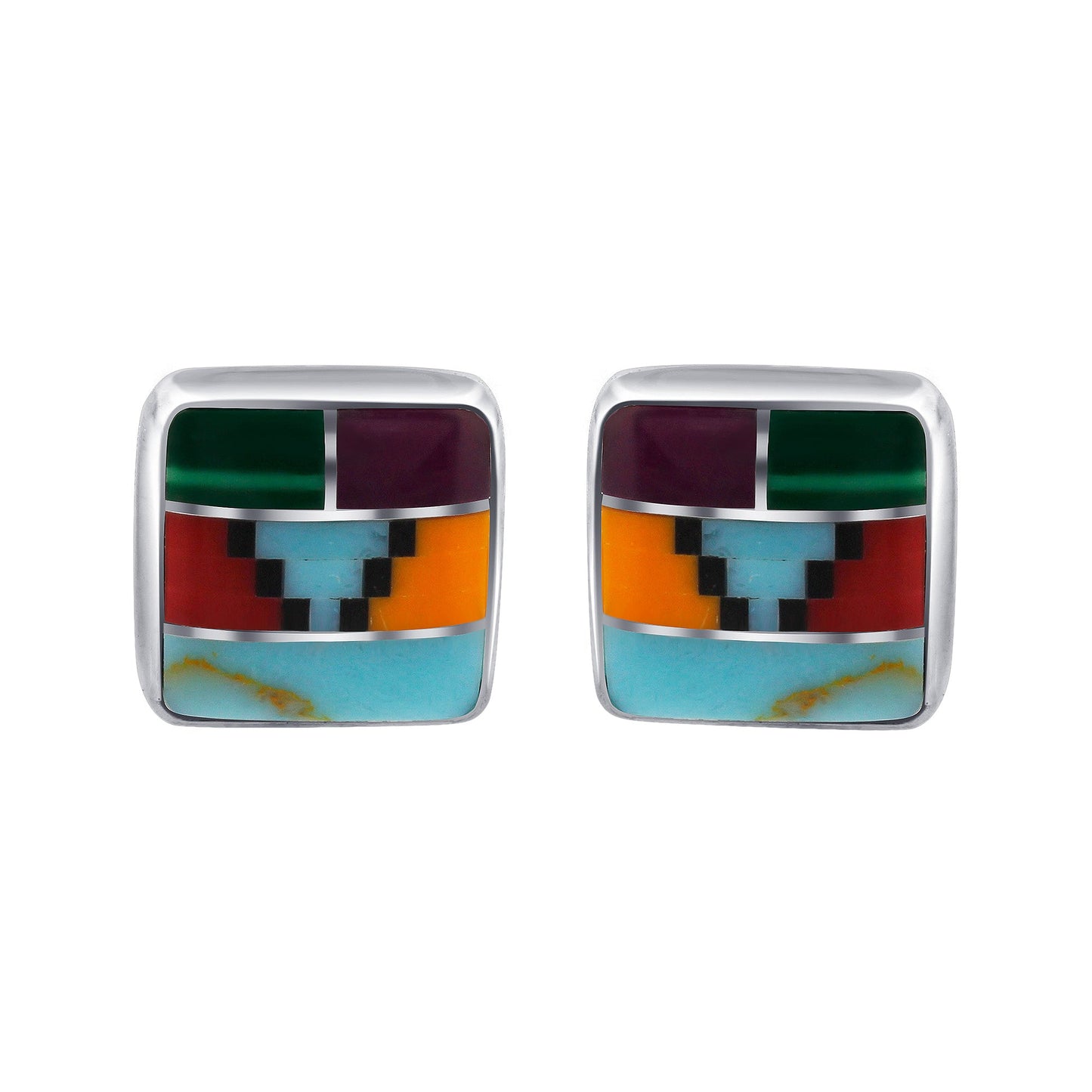8mm Square Multicolor Southwestern Style Stud Earrings in .925 Sterling Silver