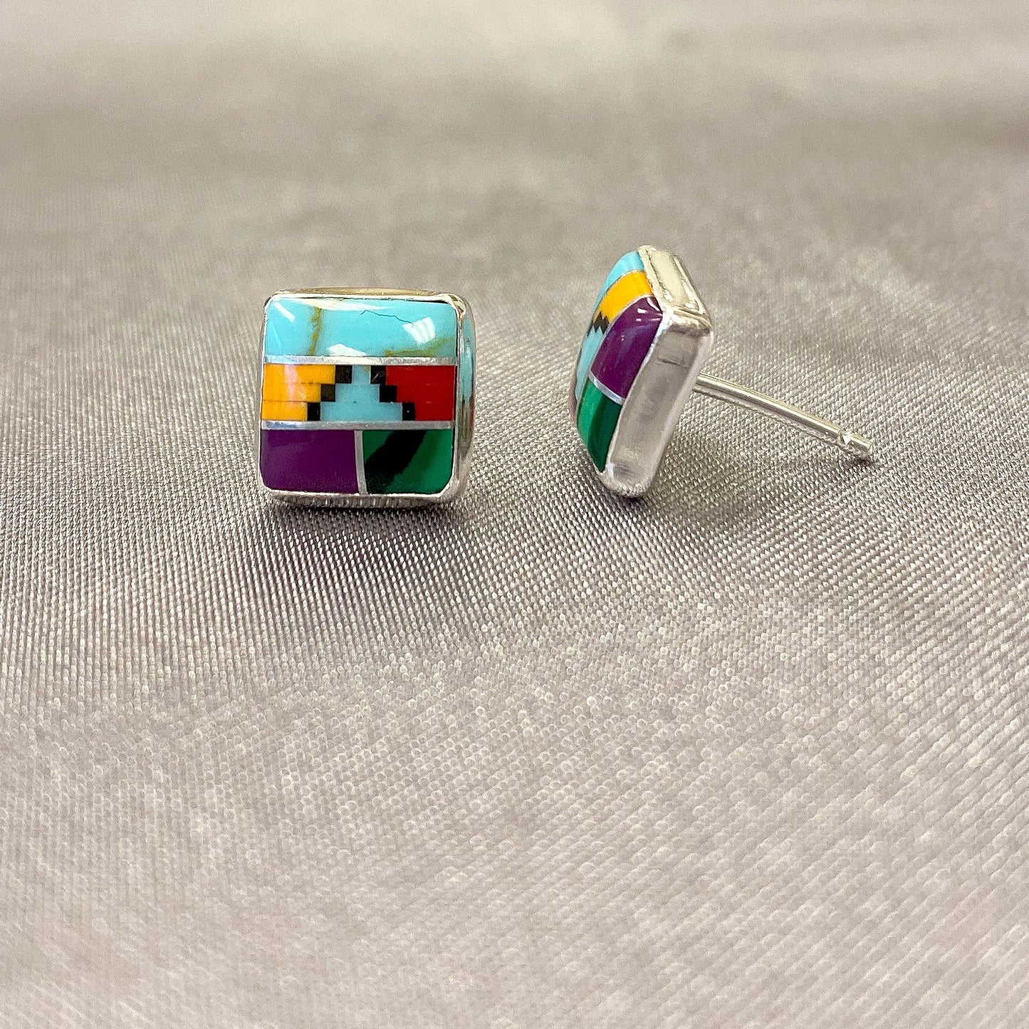8mm Square Multicolor Southwestern Style Stud Earrings in .925 Sterling Silver