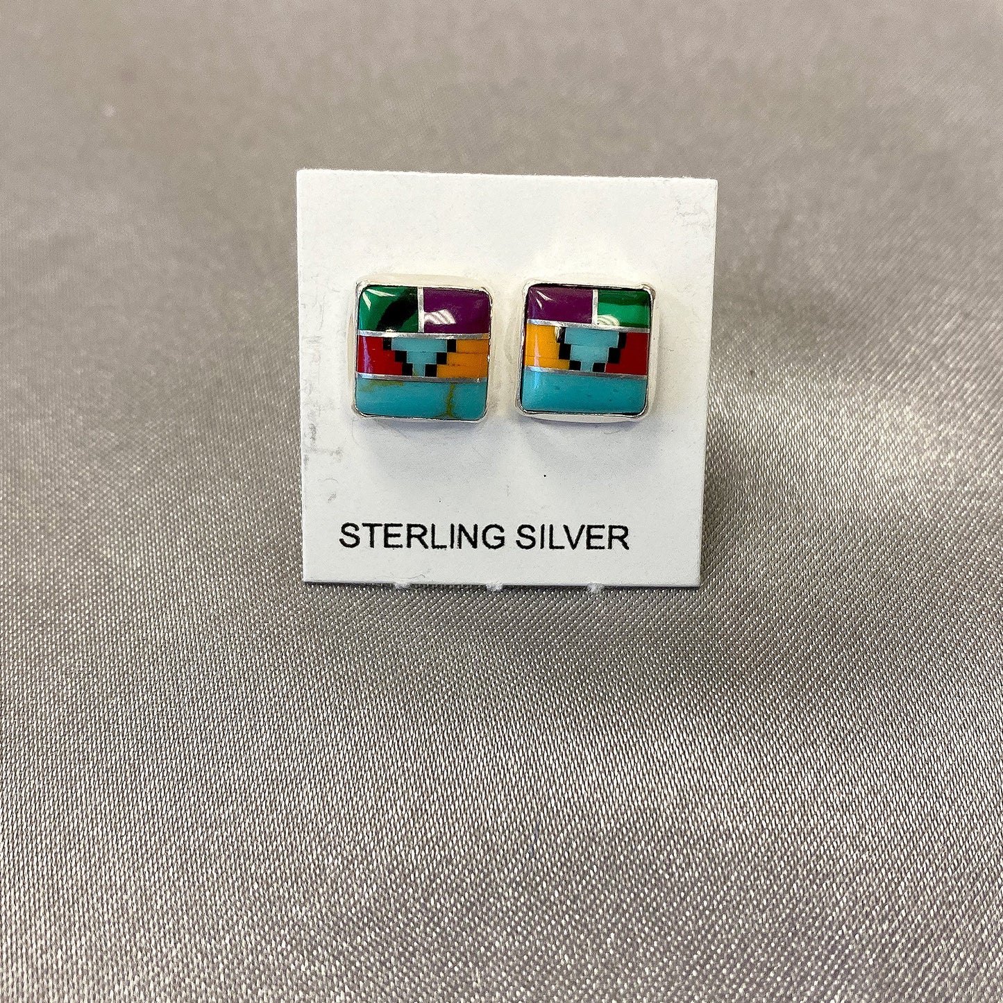 8mm Square Multicolor Southwestern Style Stud Earrings in .925 Sterling Silver