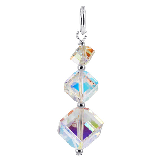 .925 Sterling Silver Cube Shaped Charm Pendant with Austrian Crystals