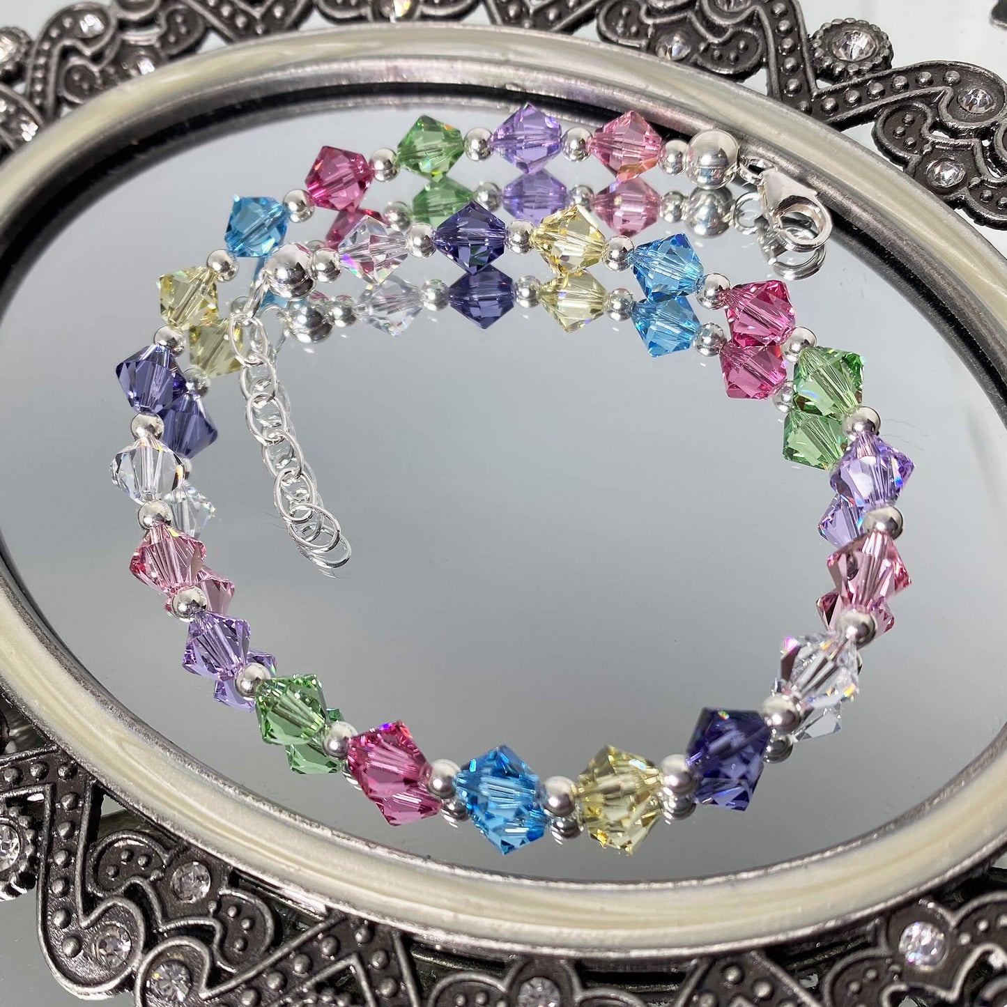 Bicone Multicolor Austrian Crystals 925 Sterling Silver Anklet Ankle Bracelets - Gem Avenue