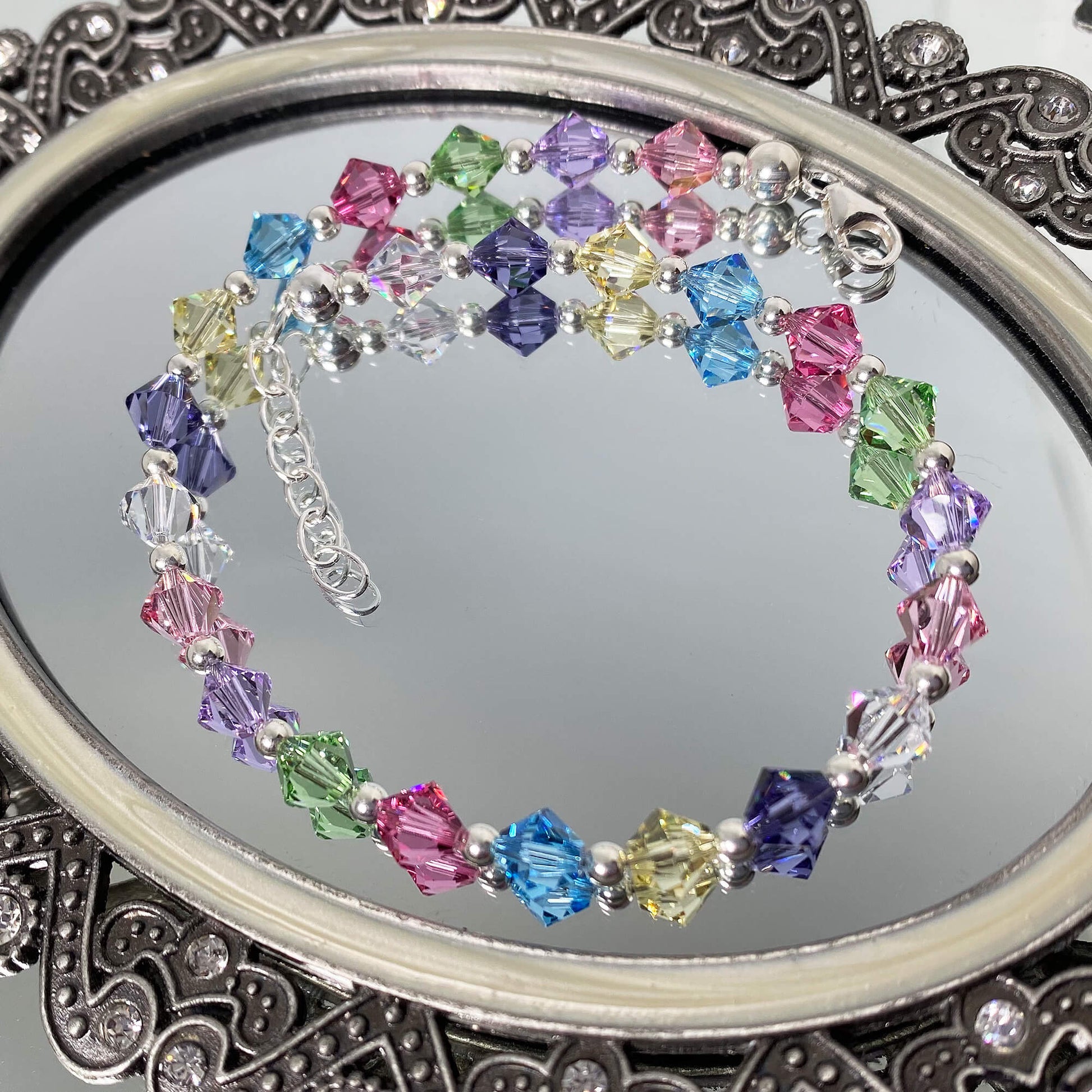 Bicone Multicolor Austrian Crystals 925 Sterling Silver Anklet Ankle Bracelets - Gem Avenue