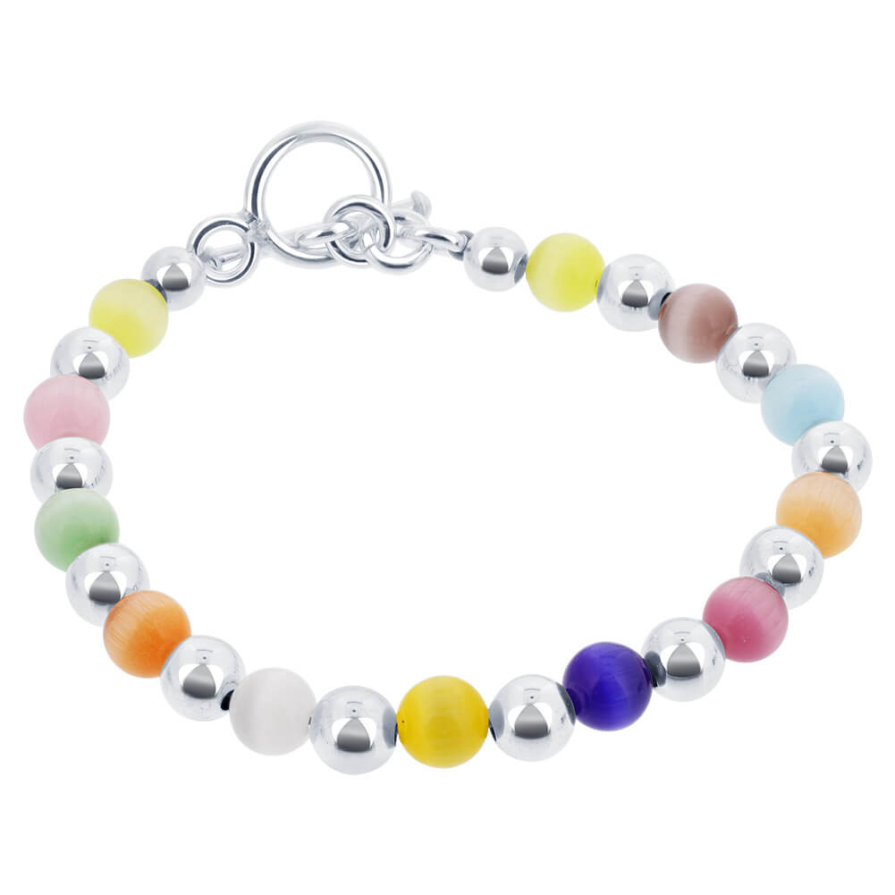 925 Sterling Silver Multicolor Cats Eye Beads Toggle Clasp Bracelets - Gem Avenue